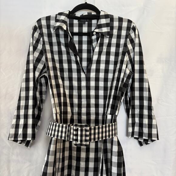 Lafayette 148 Gingham Midi Shirt Dress Large 3/4 Sleeve Black White Button Front - Picture 2 of 9